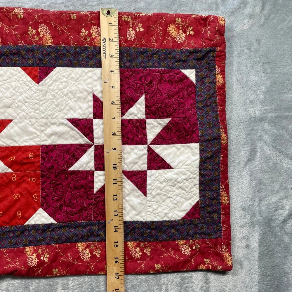 Handmade‎ Quilted Lumbar Pillow Cover Star Pattern Red Burgundy Floral Border